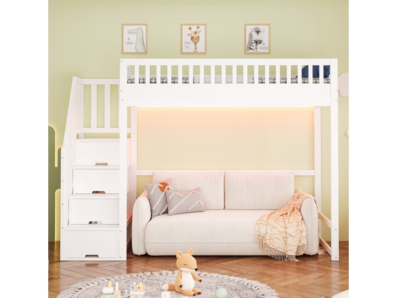 Lit mezzanine, 90x200 cm, escalier de rangement, barrière, lit enfant avec led, matelas non inclus, bois, coloris blanc  - Conforama D