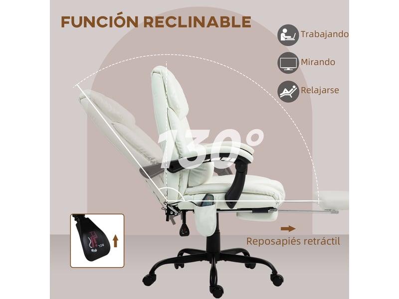 Chaise de bureau massante à 6 points blanche, dossier inclinable à 130° et repose-pieds - Conforama R