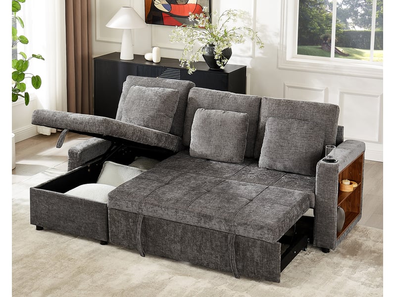  Canapé-lit 3 places 201,3x126,1x86,1 cm avec fonction convertible, rangement, porte-gobelet en tissu chenille gris  - Conforama E