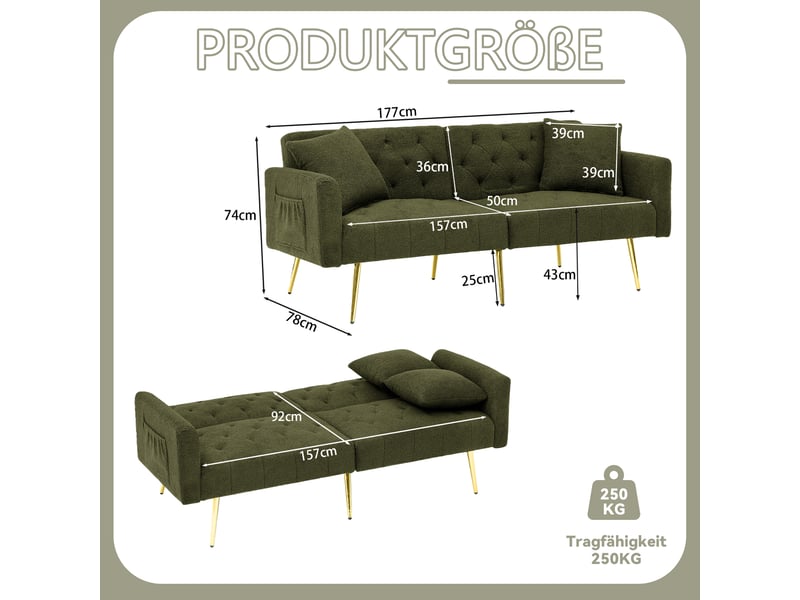 Canapé droit 2 places à dossier réglable - coussins inclus, tissu bouclé, pieds métal - vert - Conforama D