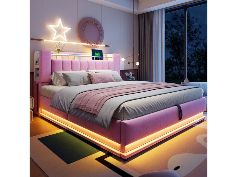  Lit coffre 180 x 200 cm avec rangement hydraulique, led et usb, lit double rembourré en velours avec rangement intégré dans la tête de lit - rose  - Conforama B