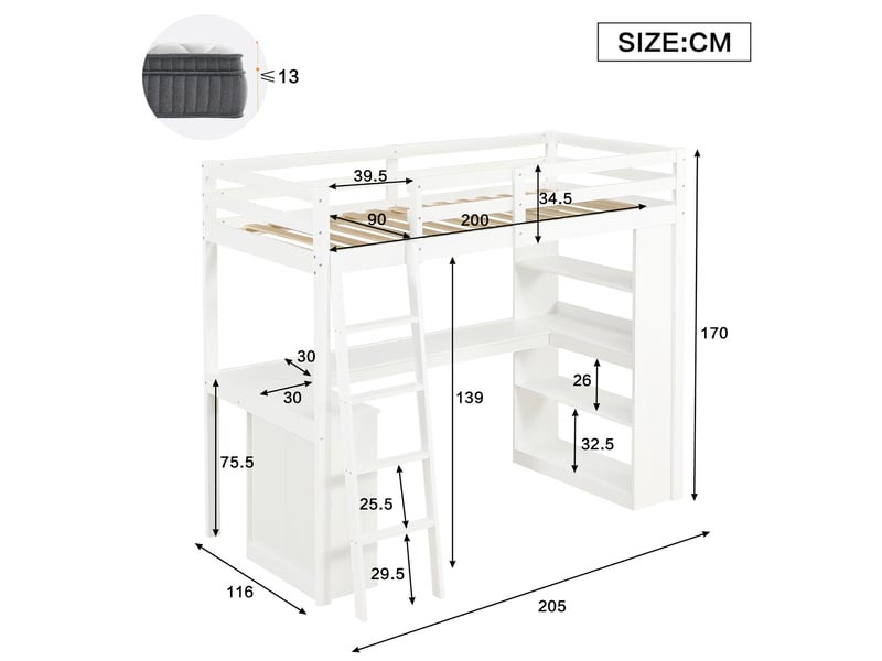 Lit mezzanine enfant 90 x 200 cm blanc en pin, bureau, étagères et échelle inclinée à 4 marches, 120 kg  - Conforama C