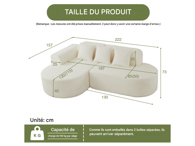  Canapé d’angle gauche 3 places en chenille crème, 222 x 157 x 73 cm Fay Lum - Conforama C