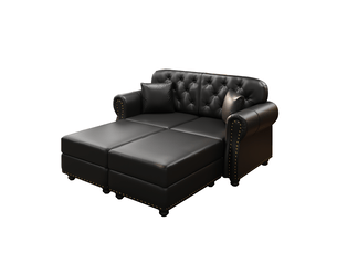 Canapé chesterfield 2 places + 2 poufs en simili cuir noir, 160 cm