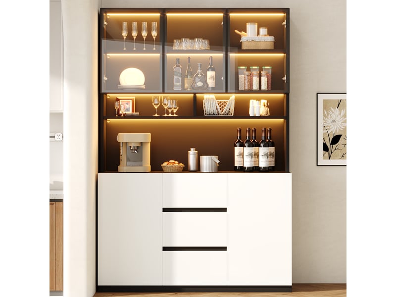 Vitrine 120x200 cm avec led multicolore via app, portes en verre gris, 2 portes, 3 tiroirs et étagères ouvertes, noir et blanc - Conforama B