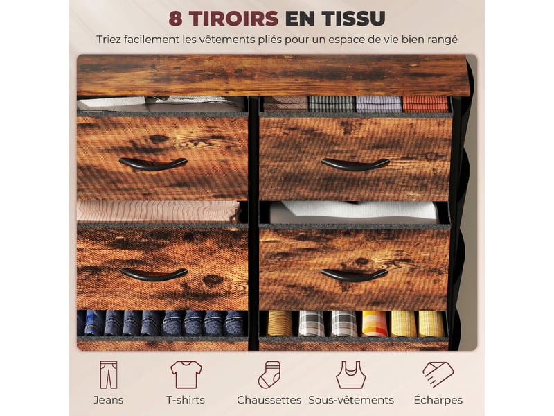  Commode 8 tiroirs en tissu, meuble de rangement, 4 poches, 2 crochets, structure en acier, 86x30x94,5cm, brun rustique  - Conforama D