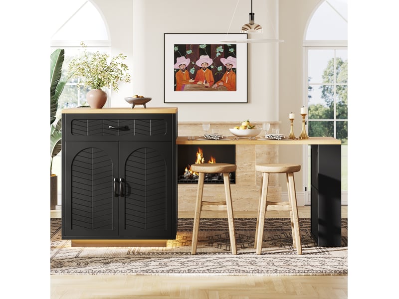  Desserte de cuisine 141-193,5x70x95,5 cm, 2 tiroirs, table extensible, range-bouteilles, en mdf, couleur noir et bois  - Conforama D
