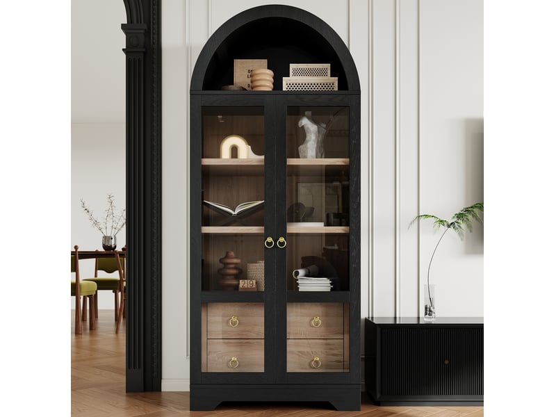  Buffet et enfilade avec 2 tiroirs, portes vitrées et étagères réglables pour cuisine, noir, 76,2 × 40,1 × 180 cm  - Conforama B