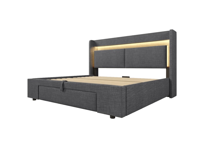  Lit coffre 140x200 cm lin gris avec tête de lit led, usb, sommier à lattes et matelas inclus  - Conforama A