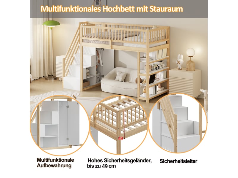 Lit mezzanine 90x200 cm avec armoire et rangements, échelle de sécurité, en bois, couleur bois naturel, sans matelas - Conforama E
