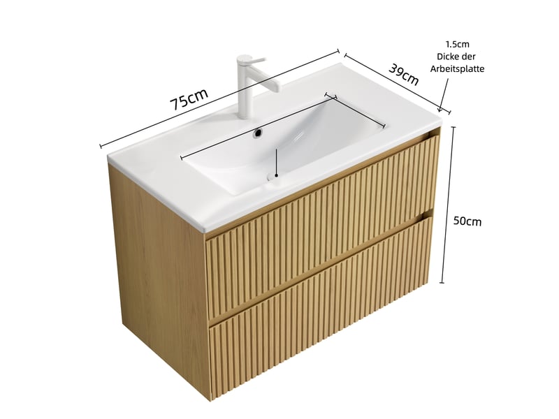 Meuble sous vasque mural avec vasque en céramique, 2 tiroirs à fermeture douce pour salle de bain 75 × 39 × 50 cm - Conforama C