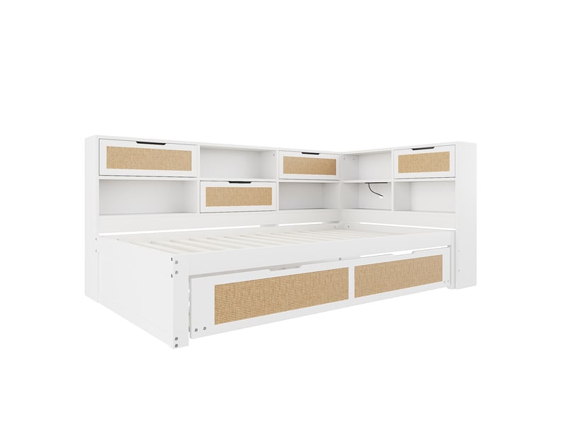  Lit banquette 90x200 avec lit gigogne blanc, lit enfant avec rangements et port usb, lit simple multifonction en bois massif.  - Conforama E