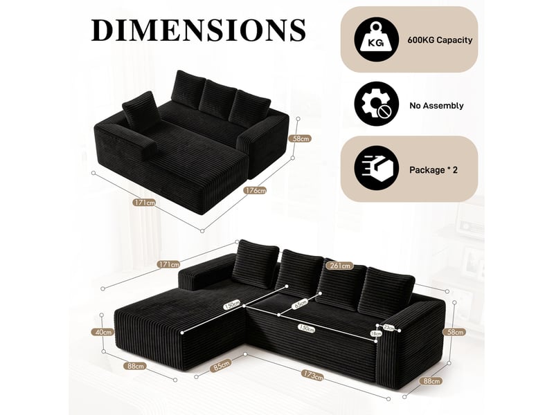  Canapé d'angle tcqpz modulable 4 places avec méridienne 261 x 168 x 58 cm velours côtelé noir  - Conforama E