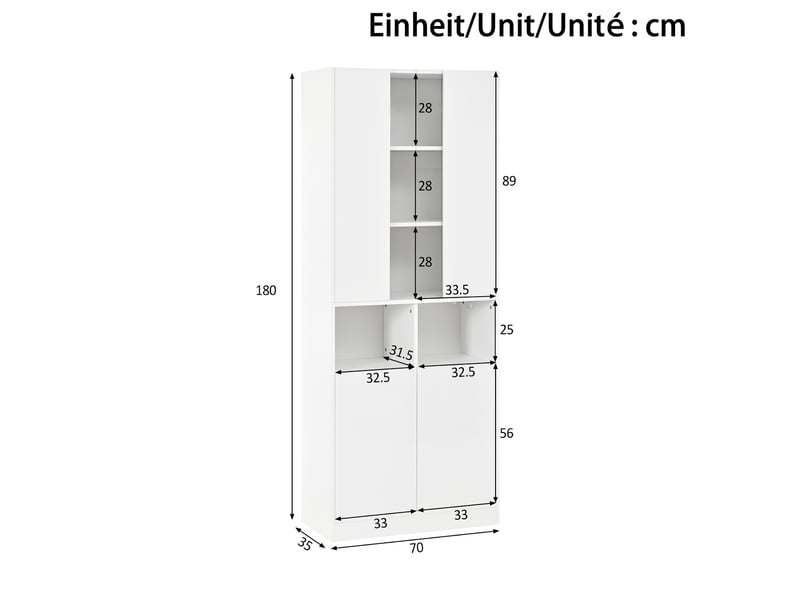  Armoire haute 4 portes led pilotée par application - lpospi - étagère réglable mdf blanc 70 × 35 × 180 cm  - Conforama D