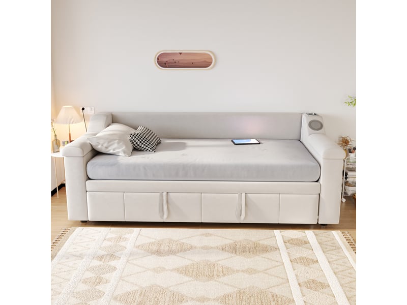 Lit enfant 90-180x190 cm, canapé-lit convertible avec accoudoirs, port usb et sommier, velours, beige, sans matelas - Conforama B