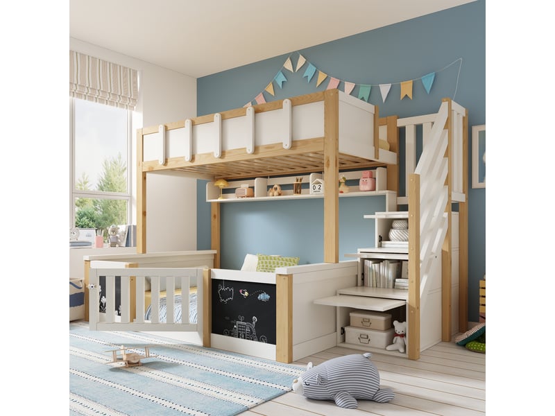 Lit superposé enfant 3 places 140×200 cm et 90×200 cm, rangements et tableau - okmyhome- blanc naturel, sans matelas - Conforama C
