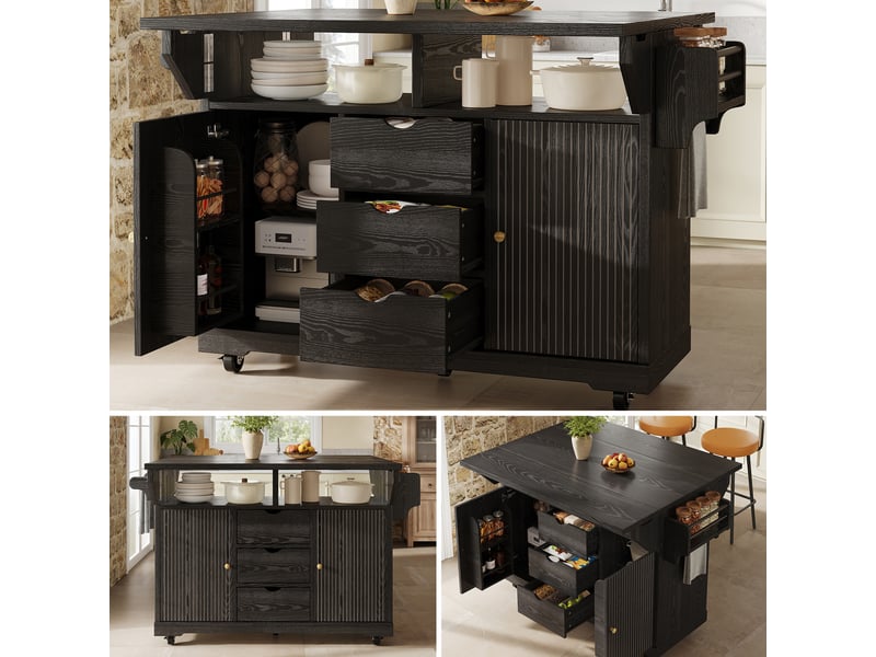  Desserte de cuisine avec plateau extensible, chariot de cuisine avec tiroirs, hauteur 95 cm, noir  - Conforama C