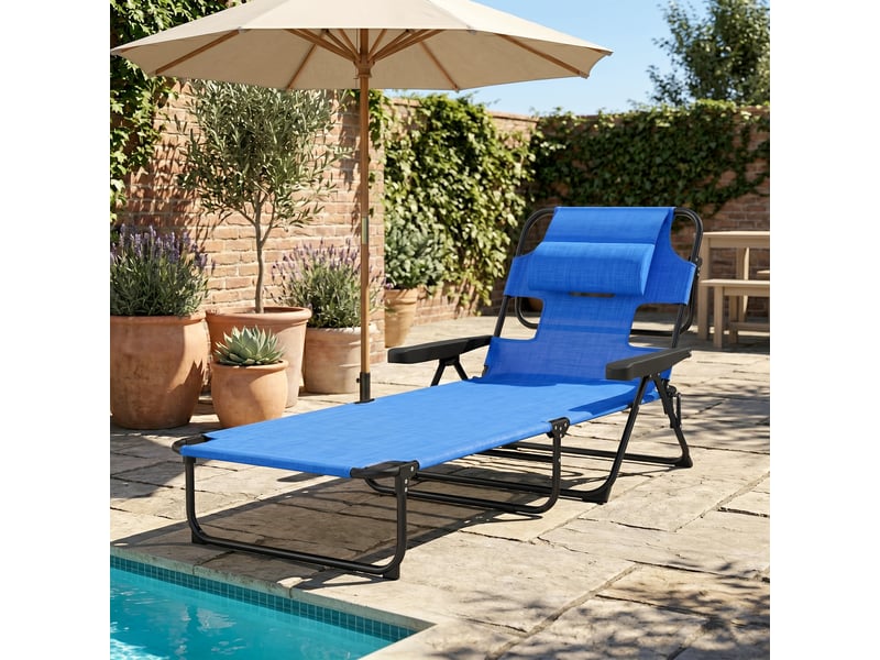  Chaise longue de jardin pliante avec dossier réglable, coussin et ouverture pour le visage, bleu foncé  - Conforama B