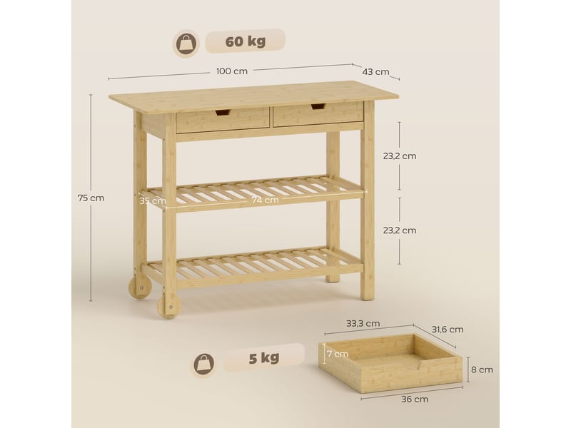  Desserte de cuisine à roulettes en bambou, chariot de cuisine avec 2 tiroirs, 2 étagères, bois naturel, 100 x 43 x 75 cm  - Conforama C