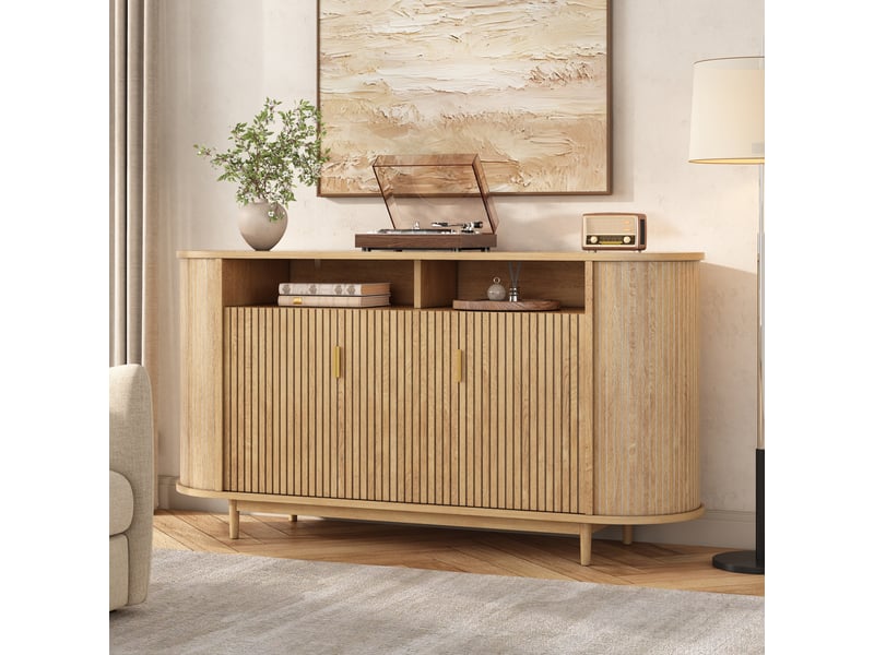 Sideboard 3 portes bois clair 140cm - enfilade moderne en mdf avec lignes verticales et pieds en pin - Conforama C