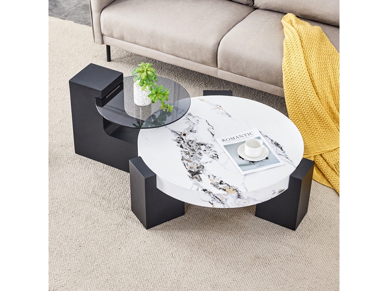  Tables basses gigognes rondes 61x30 cm - table de salon avec plateau effet marbre et verre trempé, pieds en l - noir et blanc  - Conforama D