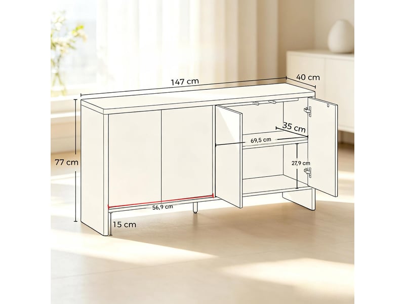  Buffet 4 portes push-to-open en mdf coloris chêne 147 x 40 x 77 cm  - Conforama C