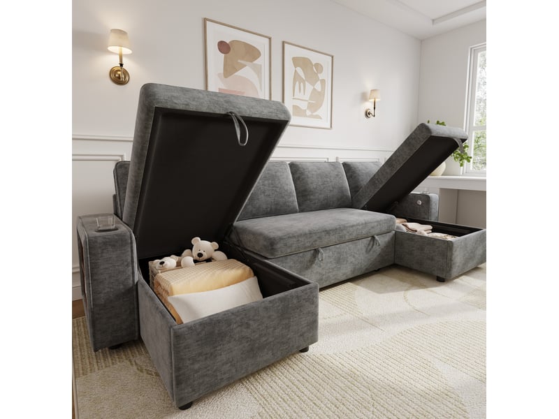  Canapé d'angle u modenvie convertible avec rangement, chenille gris, 4 places, avec porte-gobelets et ports usb  - Conforama D