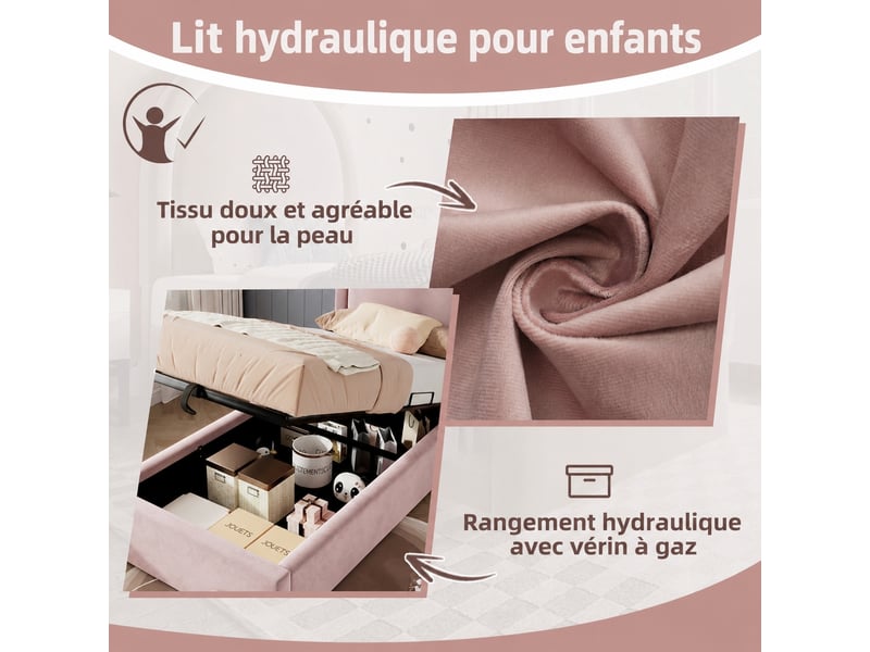  Lit enfant rose 90 x 190 cm en velours, rangement sous sommier relevable  - Conforama E