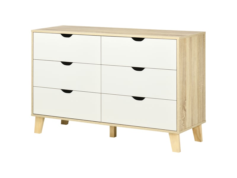  Commode à 6 tiroirs avec poignées en bois sculpté, 120 x 40 x 76 cm, blanc et chêne  - Conforama B