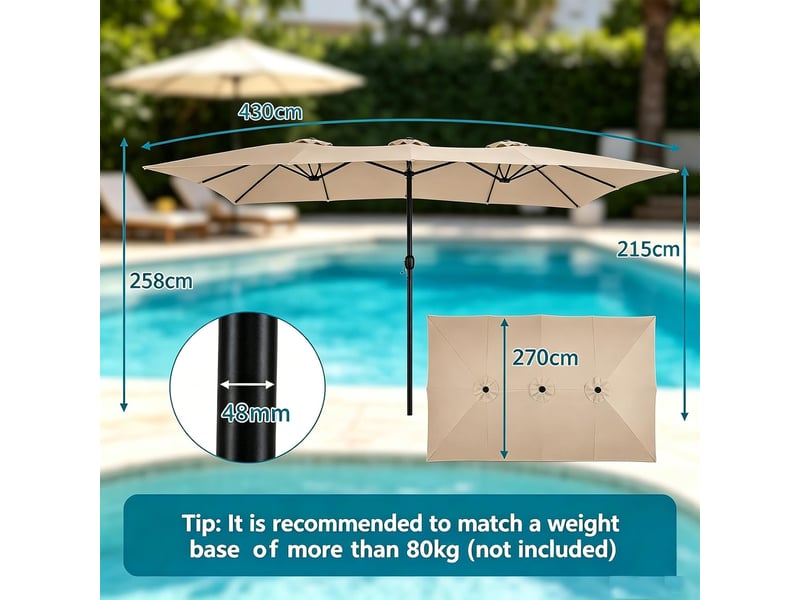  Parasol de jardin exterieur 4,3x2,7m, grand parasol rectangulaire double pour 6-8 personnes avec manivelle, 12 baleines, protection solaire (marron)  - Conforama C