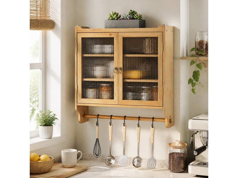 Armoire murale à fixer, 2 portes vitrées, 3 étagères amovibles pour salle de bain, bois naturel, 63 × 60 × 18 cm  - Conforama C