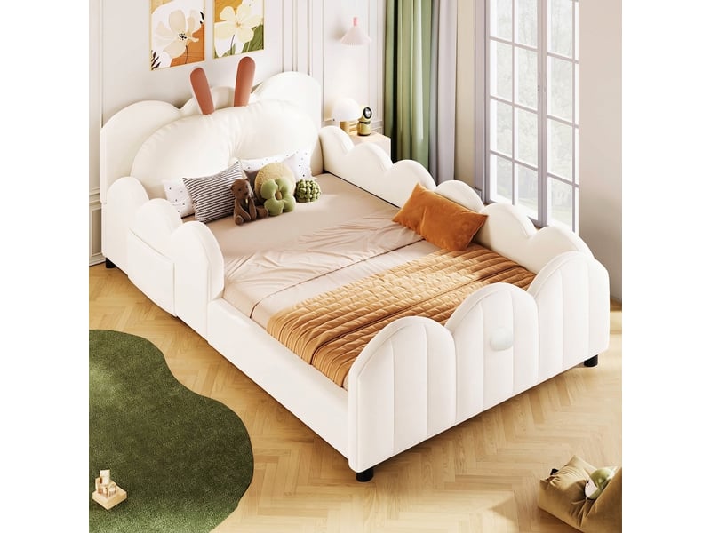  Lit plateforme capitonné 90x200 avec oreilles de lapin et barrières, beige  - Conforama C