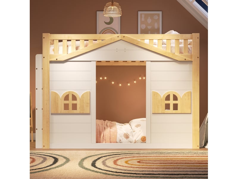  Lit superposé enfant 90x200 cm, forme maison avec sommier, blanc et naturel  - Conforama B