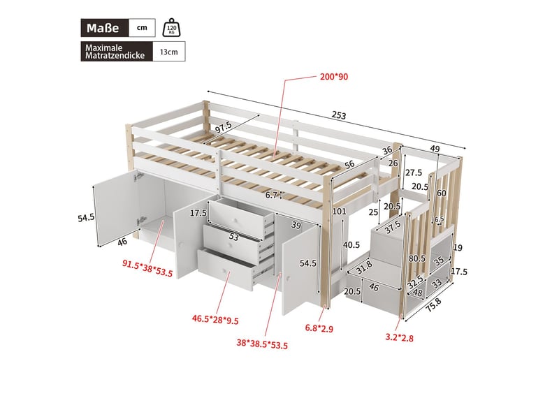 Lit superposé enfant - 90x200 cm - escalier, penderie, tiroirs - lit superposé - multifonction avec rangement blanc - Conforama C