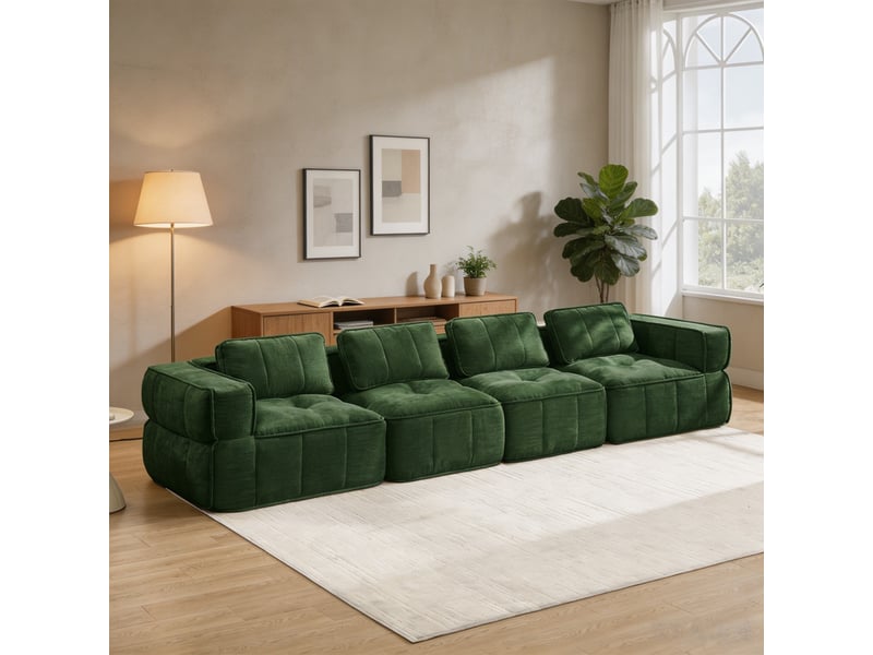  Grand canapé nuage 4 places, mousse 32d, tissu doux, antidérapant, sans montage, 344×93×67 cm, vert  - Conforama D