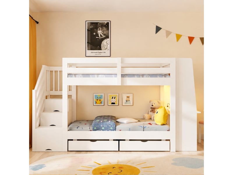Lit superposé enfant en bois 90x200 cm avec bureau, escalier avec rangements, tiroirs, led et prise électrique, pour adolescent - blanc - Conforama D