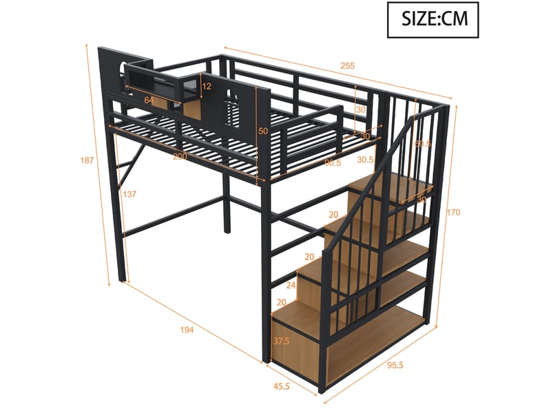  Lit en hauteur, 90x200 cm, échelle avec rangement, niche, fenêtres, rangement, mdf et métal, pour chambre, coloris noir  - Conforama C