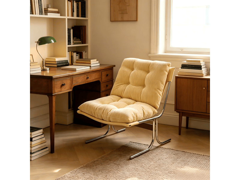  Fauteuil couleur crème 72x84x85cm - fauteuil lounge en velours côtelé style barcelone avec housse amovible et pieds en métal.  - Conforama E
