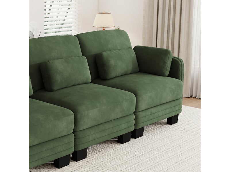  Canapé panoramique modulable 330 cm 4 places avec 2 poufs, coussins d’accoudoir amovibles, coussins lombaires épais, chenille, vert  - Conforama C