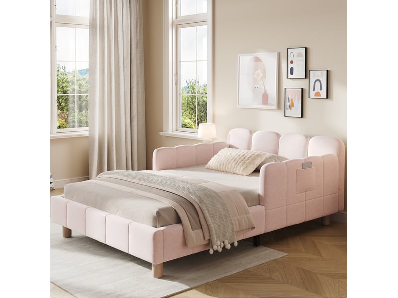  Lit enfant 90x200 cm, pieds bois, tête de lit inclinée, accoudoirs modulables, lit simple, finition velours, rose, sans matelas  - Conforama B