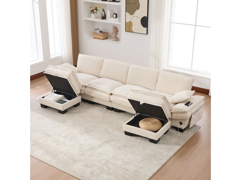 Canapé d'angle panoramique fixe 4 places tissu beige - Conforama D