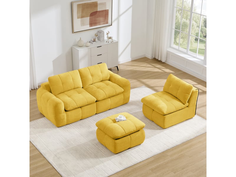  Canapé d'angle modulable 3 places avec ottoman sans structure rigide, en chenille jaune  - Conforama B