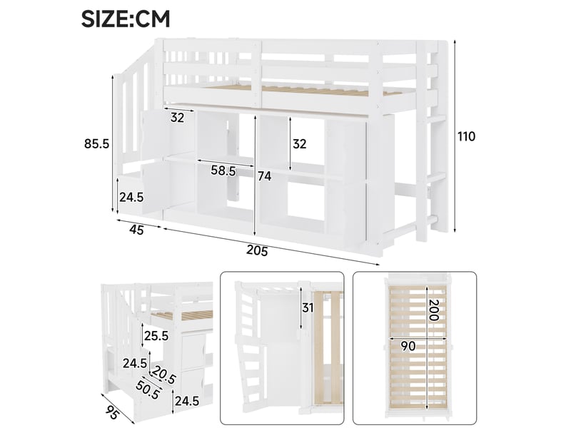  Lit mezzanine 90x200 cm avec rangements, escalier et led, blanc, sans matelas  - Conforama C