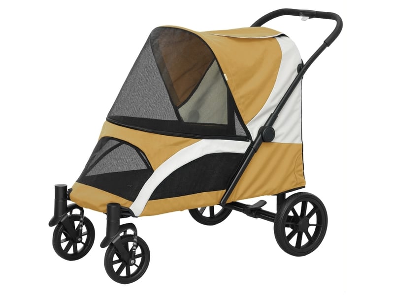 Poussette pliable pour enfant 124 x 67 x 100 cm – marron – 4 roues, frein et laisses de sécurité - Conforama A