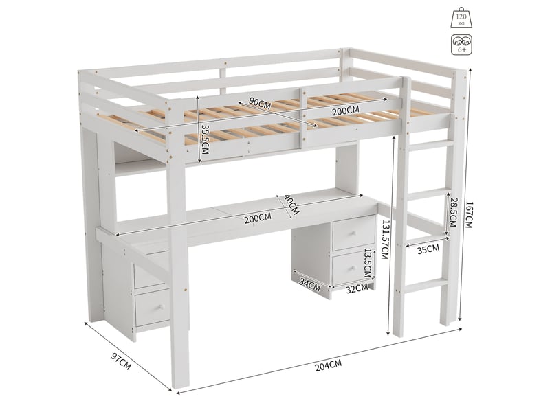  Lit mezzanine tcqpz enfant 90 x 200 cm avec bureau et rangements pin et mdf blanc  - Conforama C