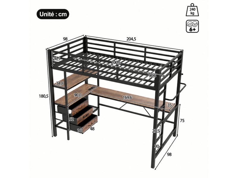  Lit mezzanine 90 x 200 cm avec bureau, 3 tiroirs et étagères, métal et mdf noir, led télécommandées  - Conforama C