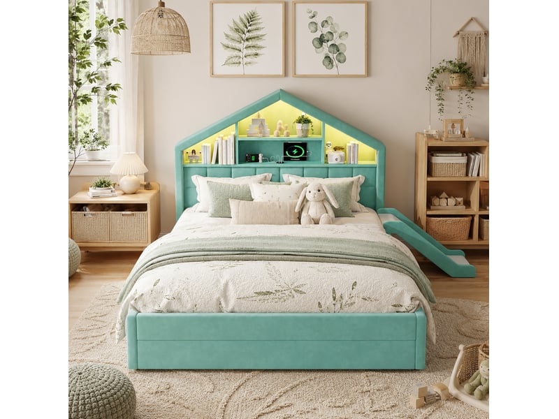  Lit cabane enfant 140x200 cm, bleu-vert, équipé de rangement, de led et de toboggan réversible, sans matelas  - Conforama E