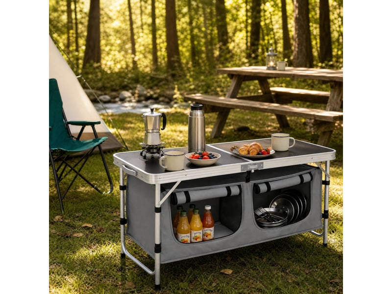 Table de camping pliante 120x47 cm noir et gris, aluminium et mdf, hauteur réglable avec sac suspendu - Conforama D
