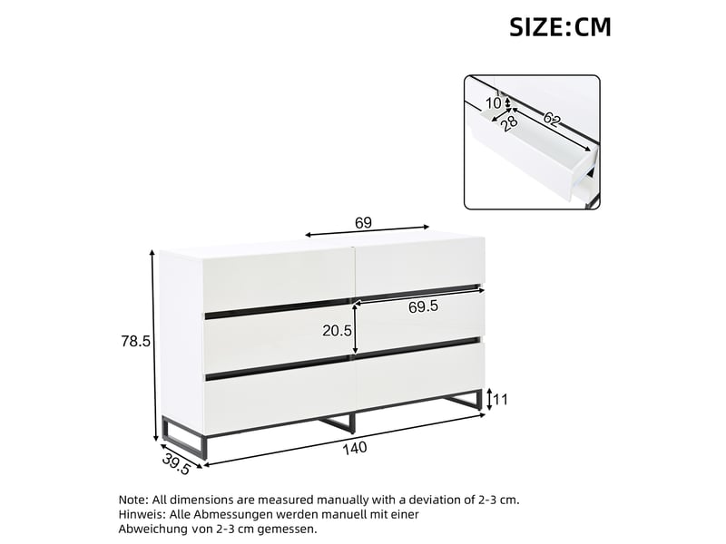  Commode bas 6 tiroirs 140 x 39,5 x 78,5 cm rangement optimal pieds métal symétrie 60kg panneau particules blanc et noir  - Conforama C