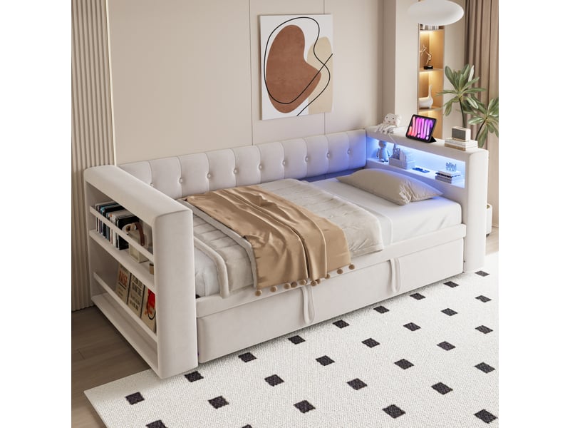  Lit gigogne lit banquette 90x190 cm, canapé-lit avec éclairage led, ports usb, tissu flanelle beige, sommier à lattes inclus OPULERANE TRADING LTD - Conforama C